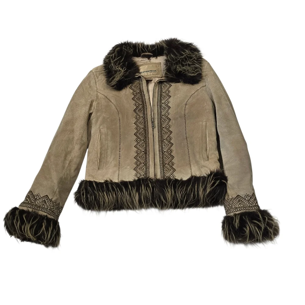 Weatherproof Garment Co. Vtg  Suede Leather Tan Embroidered Penny Lane Coat M - Picture 6 of 17